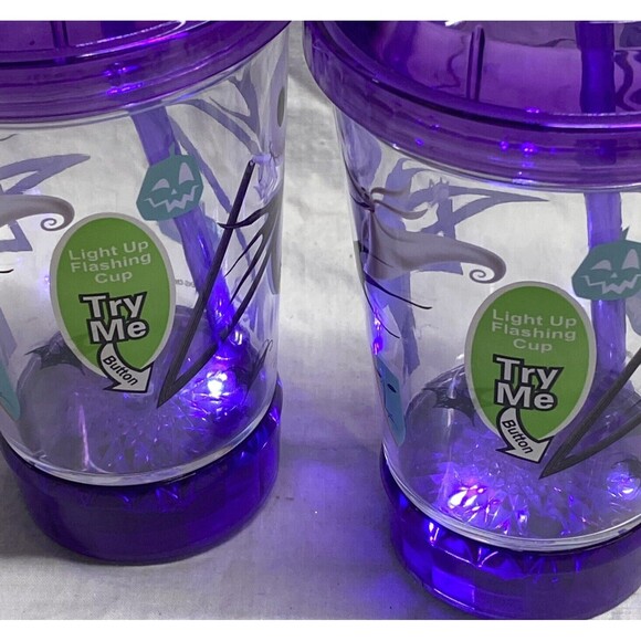 Jack Skellington Flashing Lights Purple Dome Top Cup W Straw New Lot Of 2 Disney - Picture 3 of 6